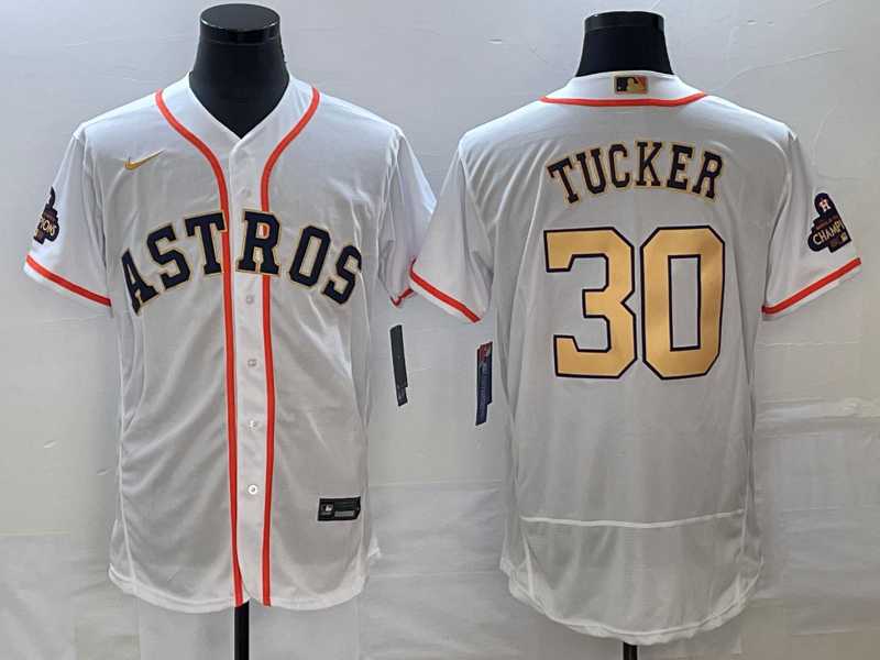 Mens Houston Astros #30 Kyle Tucker 2023 White Gold World Serise Champions Patch Flex Base Stitched Jersey